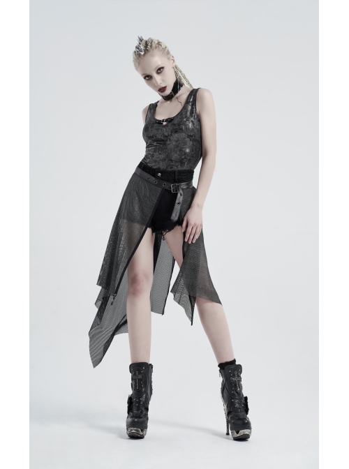 Metal Buckle Belt Skull Pendant Irregular Hem Silver Punk Mesh Skirt