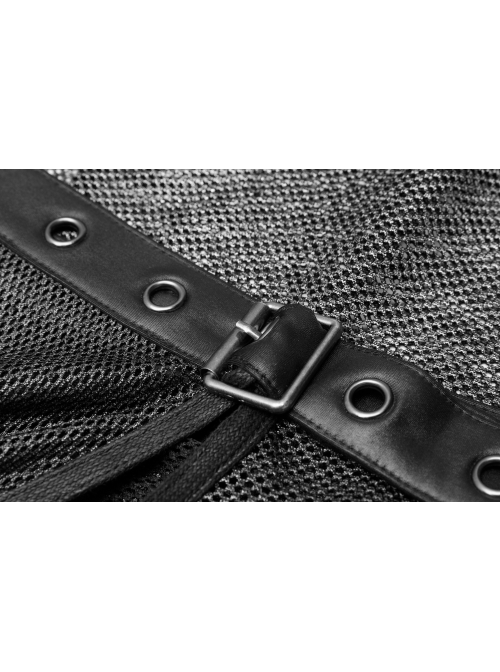 Metal Buckle Belt Skull Pendant Irregular Hem Silver Punk Mesh Skirt