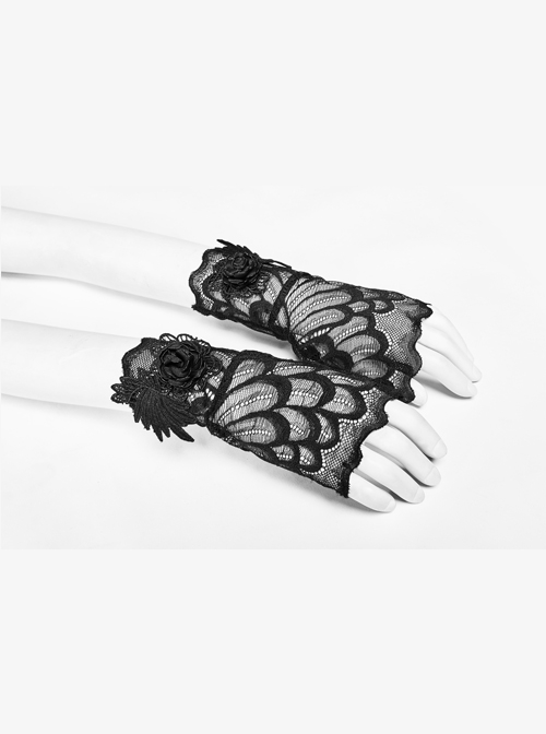 Three-Dimensional Flower Decoration Black Gothic Fingerless Lace Gloves