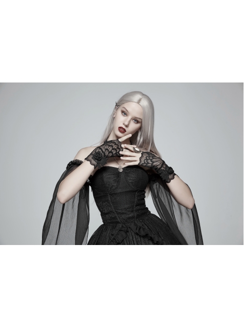 Three-Dimensional Flower Decoration Black Gothic Fingerless Lace Gloves