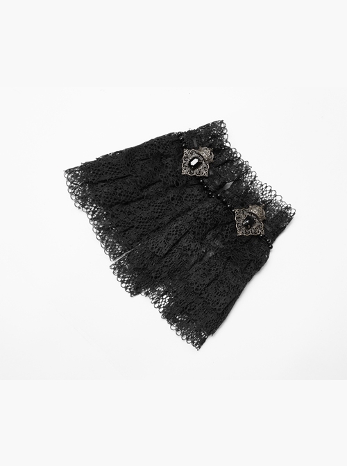 Pearl Buckles Metal Decoration Black Gothic Lace Fingerless Gloves