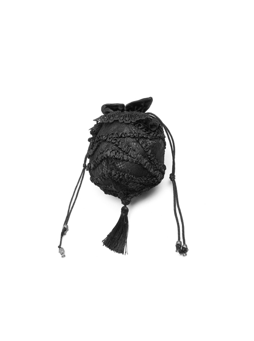 Black Satin Splice Lace Mesh Draw Rope Bottom Fringe Gothic Wallets