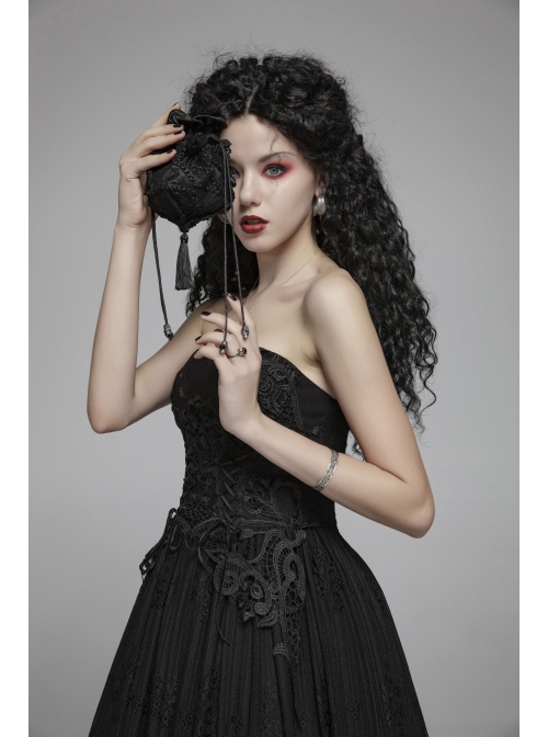 Black Satin Splice Lace Mesh Draw Rope Bottom Fringe Gothic Wallets