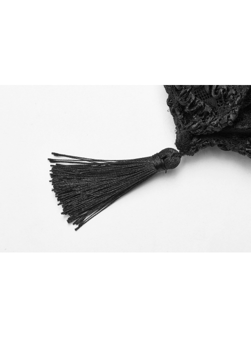 Black Satin Splice Lace Mesh Draw Rope Bottom Fringe Gothic Wallets