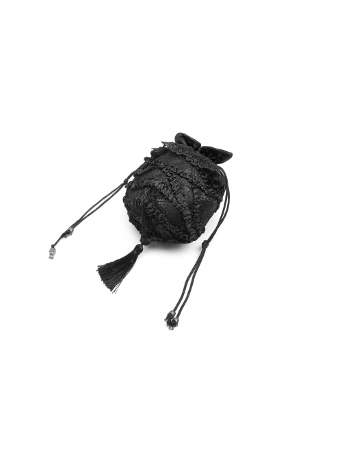 Black Satin Splice Lace Mesh Draw Rope Bottom Fringe Gothic Wallets