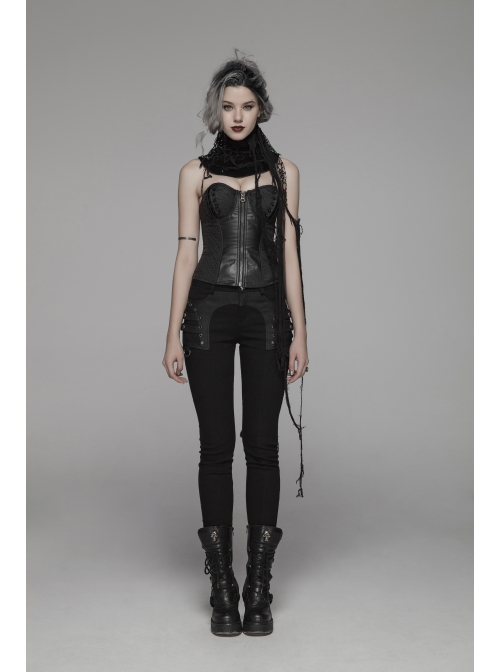 Right Metal Zipper Left Lace-Up Irregular Hem Black Gothic Lace Scarf
