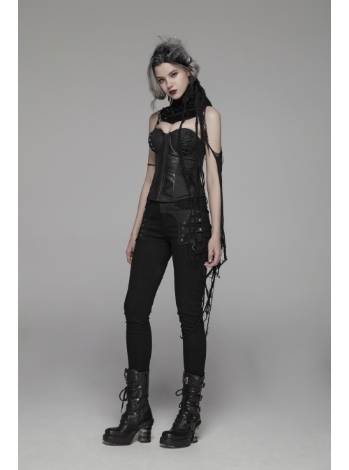 Right Metal Zipper Left Lace-Up Irregular Hem Black Gothic Lace Scarf