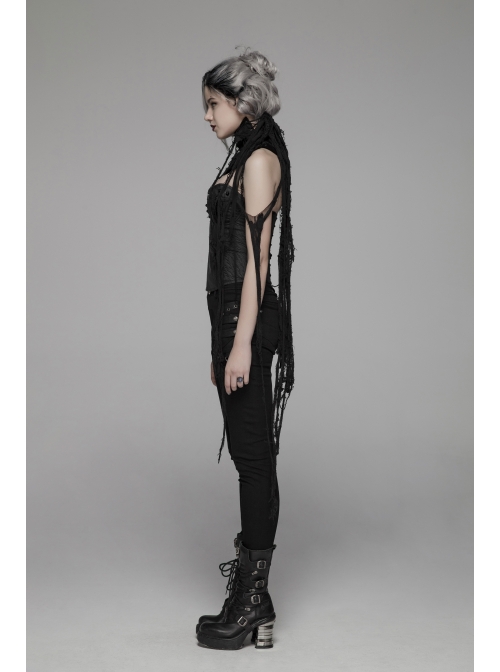 Right Metal Zipper Left Lace-Up Irregular Hem Black Gothic Lace Scarf
