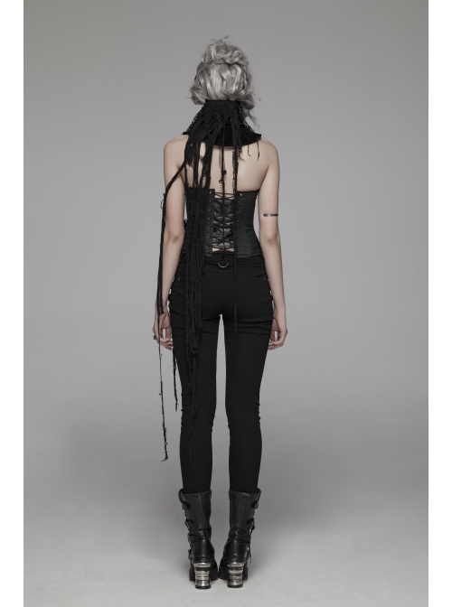 Right Metal Zipper Left Lace-Up Irregular Hem Black Gothic Lace Scarf
