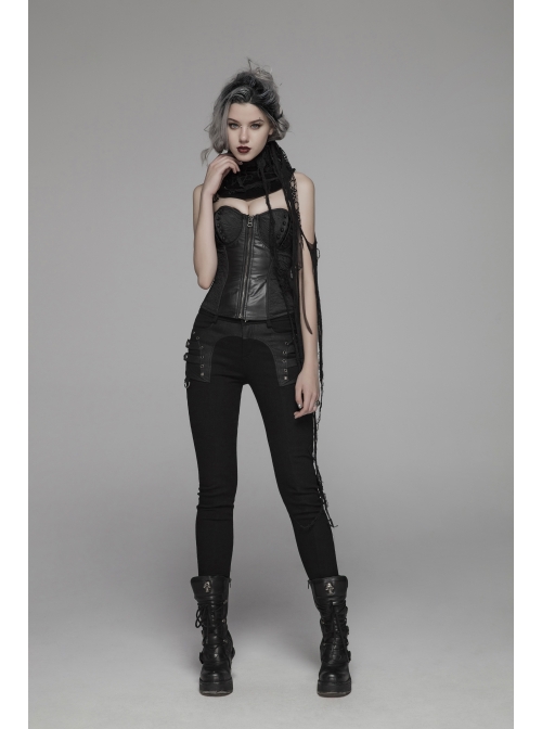 Right Metal Zipper Left Lace-Up Irregular Hem Black Gothic Lace Scarf