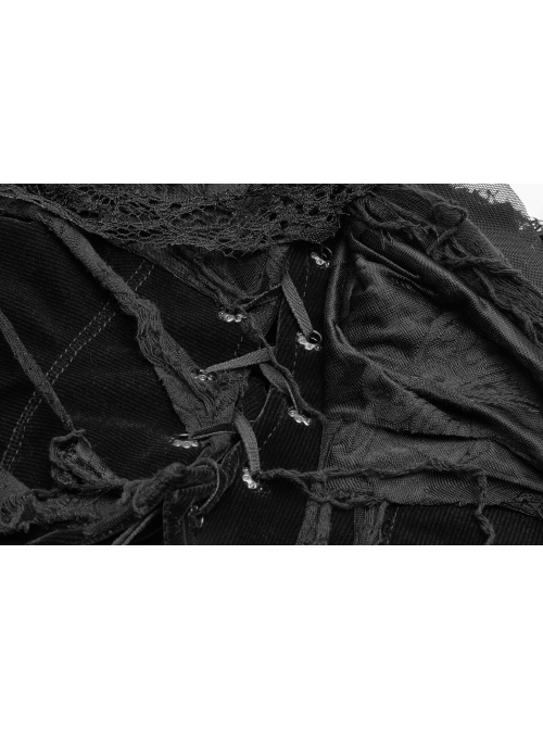 Right Metal Zipper Left Lace-Up Irregular Hem Black Gothic Lace Scarf