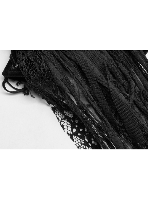 Right Metal Zipper Left Lace-Up Irregular Hem Black Gothic Lace Scarf
