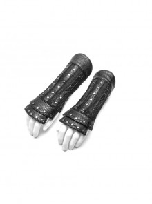 Metal Nails Inner Side Eyelets Lace-Up Splice Mesh Black Punk Leather Gloves