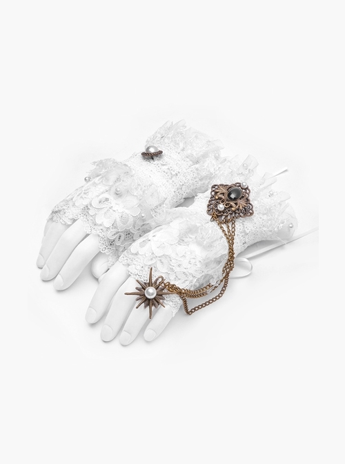 Metal Chain Star Pendant White Gothic Lace Fingerless Gloves