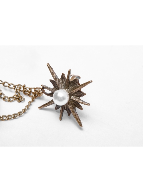 Metal Chain Star Pendant White Gothic Lace Fingerless Gloves