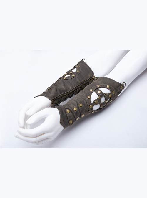 Metal Gear Nails Decoration Eyelets Lace-Up Brown Punk Cut-Out Gloves