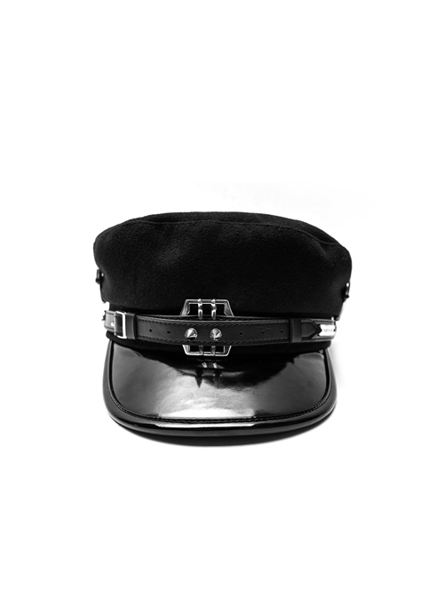 Metal Buckle Rivet Loop Leather Brim  Black Punk Woolen Beret