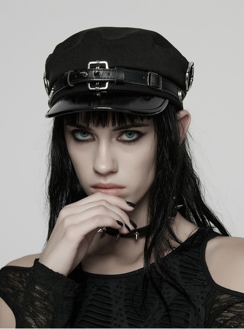 Metal Buckle Rivet Loop Leather Brim  Black Punk Woolen Beret