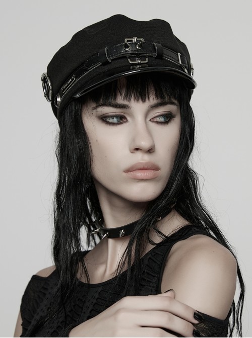 Metal Buckle Rivet Loop Leather Brim  Black Punk Woolen Beret