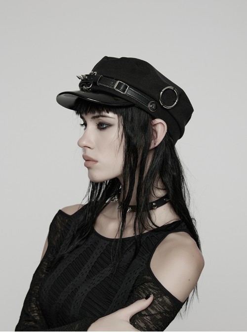 Metal Buckle Rivet Loop Leather Brim  Black Punk Woolen Beret