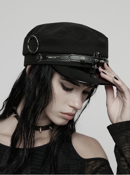 Metal Buckle Rivet Loop Leather Brim  Black Punk Woolen Beret