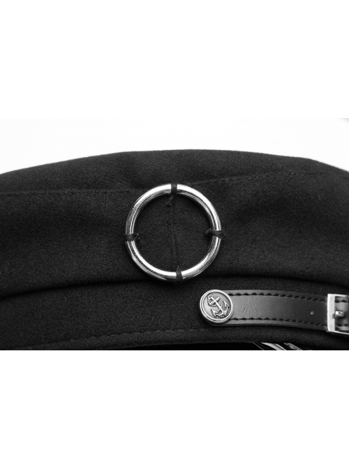 Metal Buckle Rivet Loop Leather Brim  Black Punk Woolen Beret