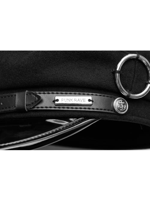 Metal Buckle Rivet Loop Leather Brim  Black Punk Woolen Beret