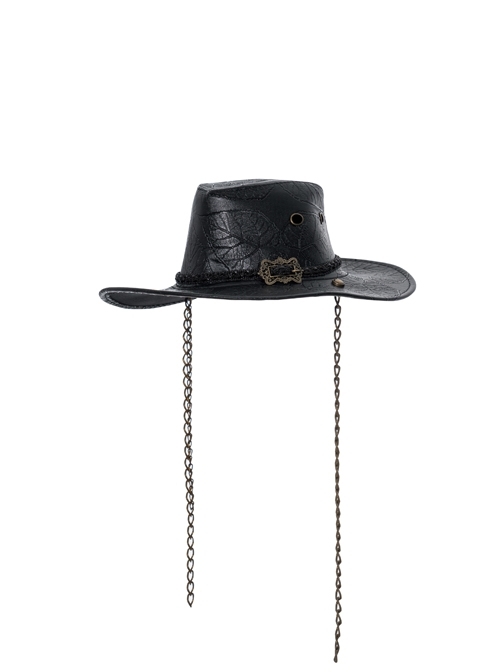 Metal Buckle Loop Side Chains Black Punk Carved Leather Cowboy Hat