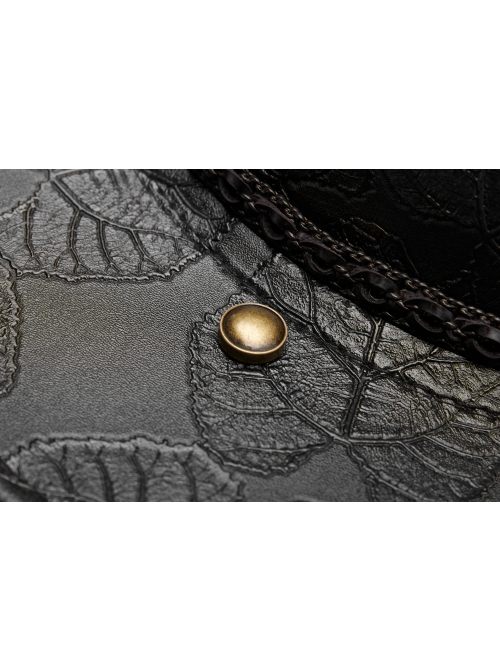 Metal Buckle Loop Side Chains Black Punk Carved Leather Cowboy Hat