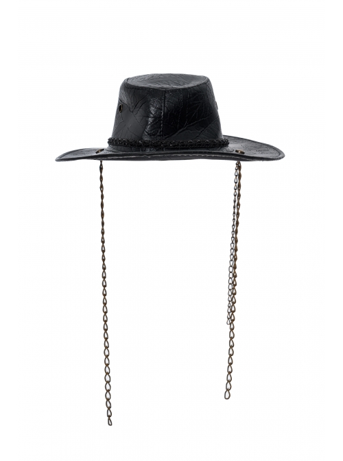 Metal Buckle Loop Side Chains Black Punk Carved Leather Cowboy Hat