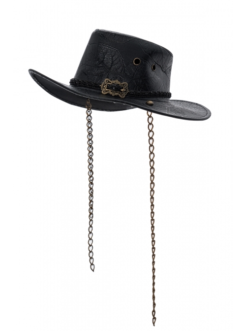 Metal Buckle Loop Side Chains Black Punk Carved Leather Cowboy Hat