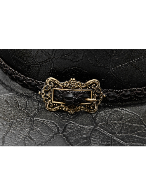 Metal Buckle Loop Side Chains Black Punk Carved Leather Cowboy Hat