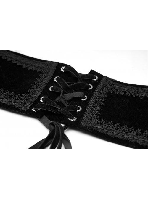 Front Zipper Exquisite Webbing Back Waist Lace-Up Black Gothic Weft Velvet Girdle