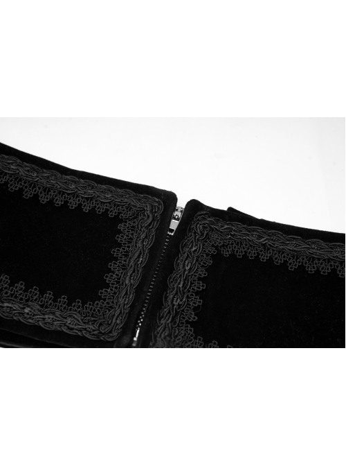 Front Zipper Exquisite Webbing Back Waist Lace-Up Black Gothic Weft Velvet Girdle