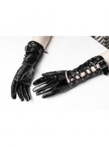 Metal Buckle Zipper Front Hollow-Out Lace-Up Black Punk Lacquered Leather Gloves