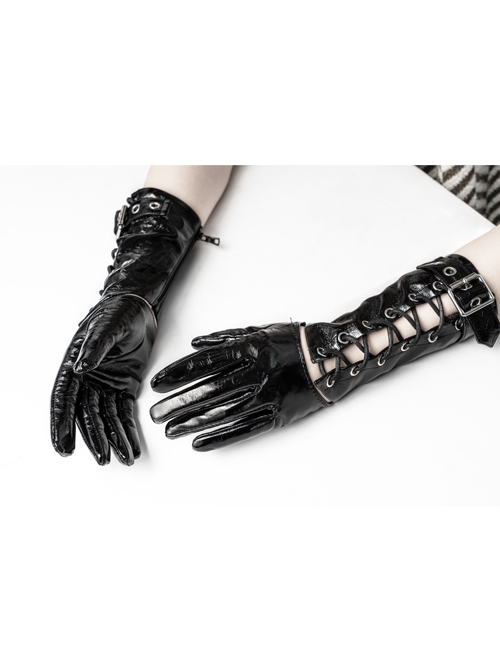 Metal Buckle Zipper Front Hollow-Out Lace-Up Black Punk Lacquered Leather Gloves