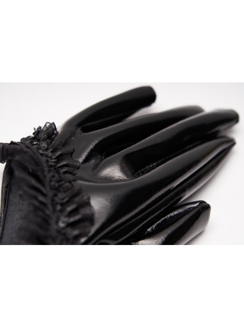 Black Gloss Paint Leather Lace Frill Gothic Half-Short Gloves
