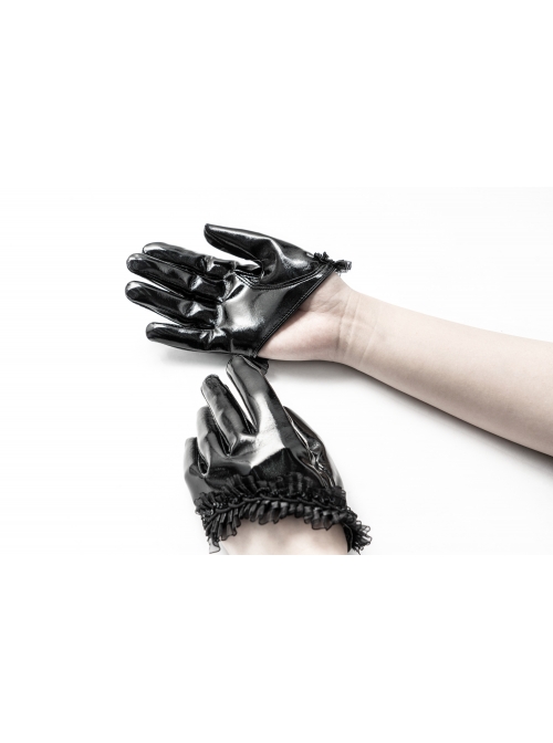 Black Gloss Paint Leather Lace Frill Gothic Half-Short Gloves