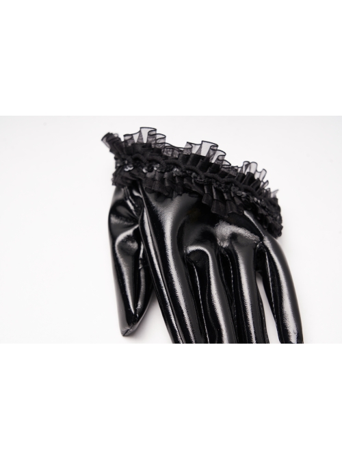 Black Gloss Paint Leather Lace Frill Gothic Half-Short Gloves