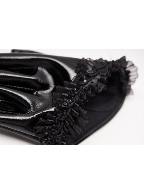 Black Gloss Paint Leather Lace Frill Gothic Half-Short Gloves