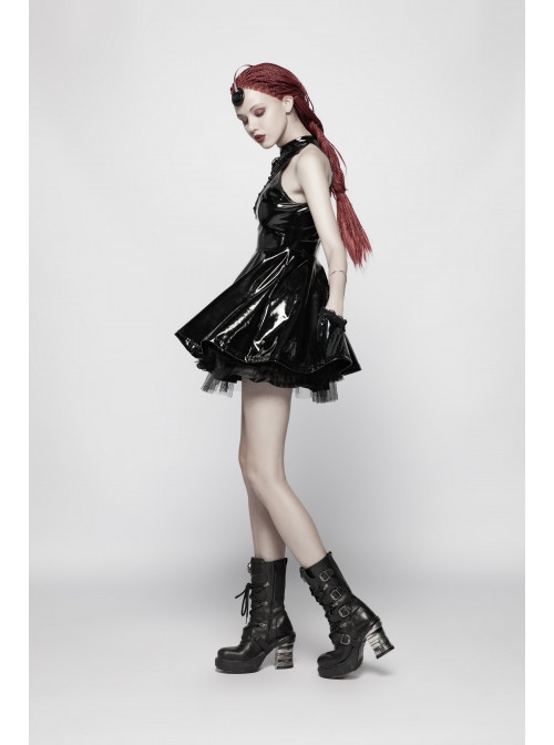 Black Gloss Paint Leather Lace Frill Gothic Half-Short Gloves