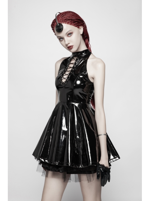 Black Gloss Paint Leather Lace Frill Gothic Half-Short Gloves