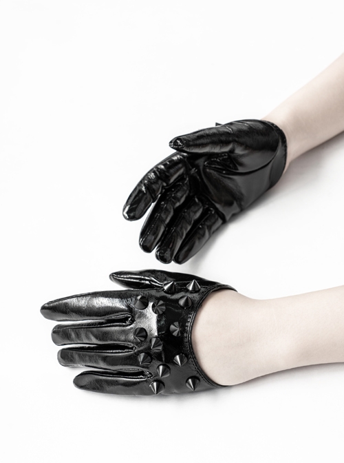 Black Lacquered PU Leather Rivet Decoration Punk Half-Palm Gloves