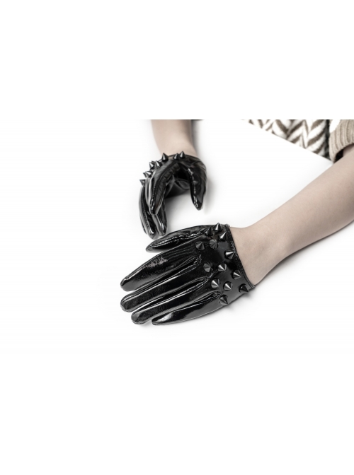 Black Lacquered PU Leather Rivet Decoration Punk Half-Palm Gloves