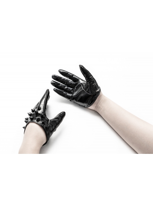 Black Lacquered PU Leather Rivet Decoration Punk Half-Palm Gloves