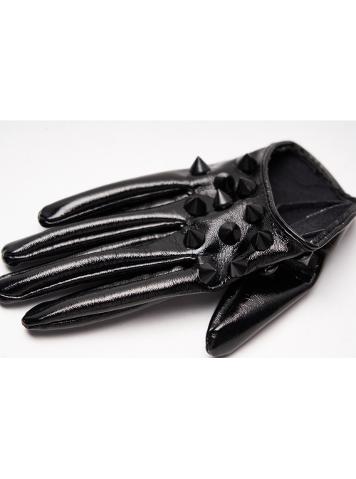 Black Lacquered PU Leather Rivet Decoration Punk Half-Palm Gloves