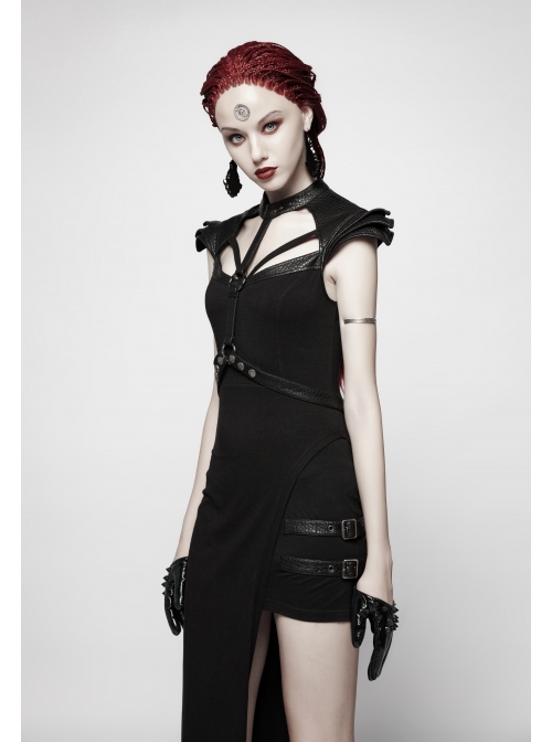 Black Lacquered PU Leather Rivet Decoration Punk Half-Palm Gloves