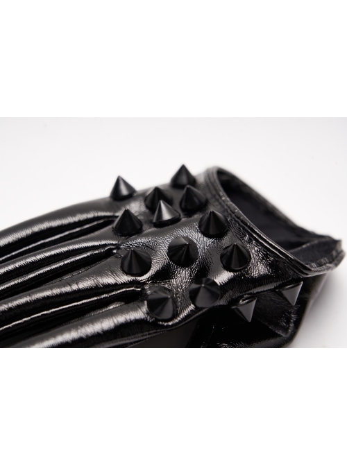 Black Lacquered PU Leather Rivet Decoration Punk Half-Palm Gloves