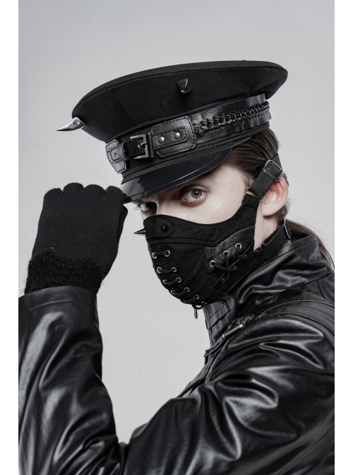 Metal Buckle Leather Loop Metal Chain Demon Corner Nail Black Punk Military Hat