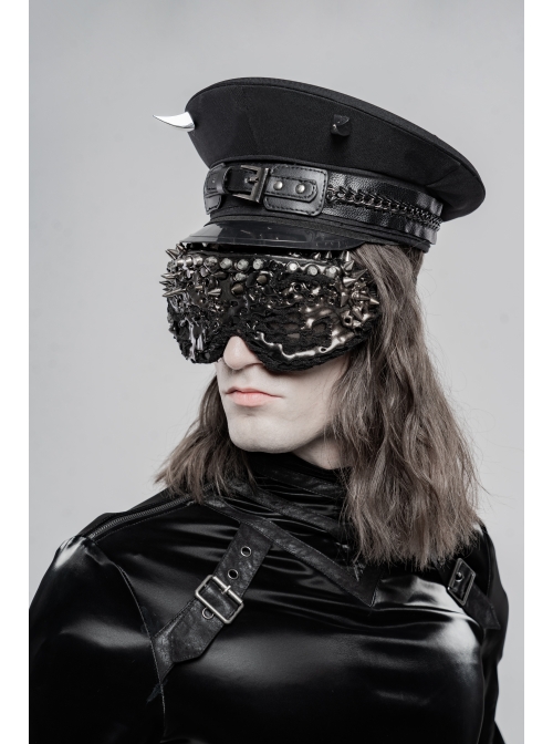 Metal Buckle Leather Loop Metal Chain Demon Corner Nail Black Punk Military Hat